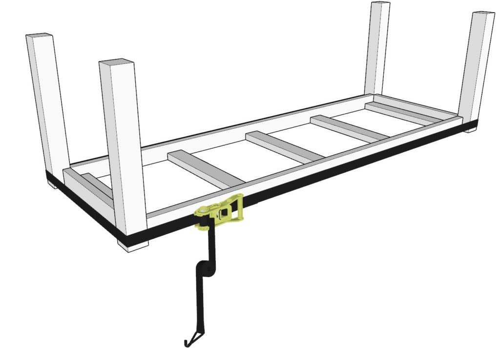 Securing the table lets to the table frame using ratchet straps and glue