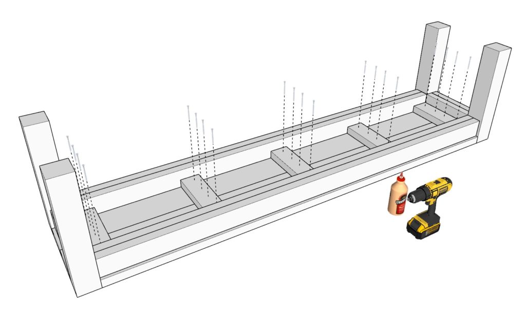 attaching the bench top boards to the bench frame