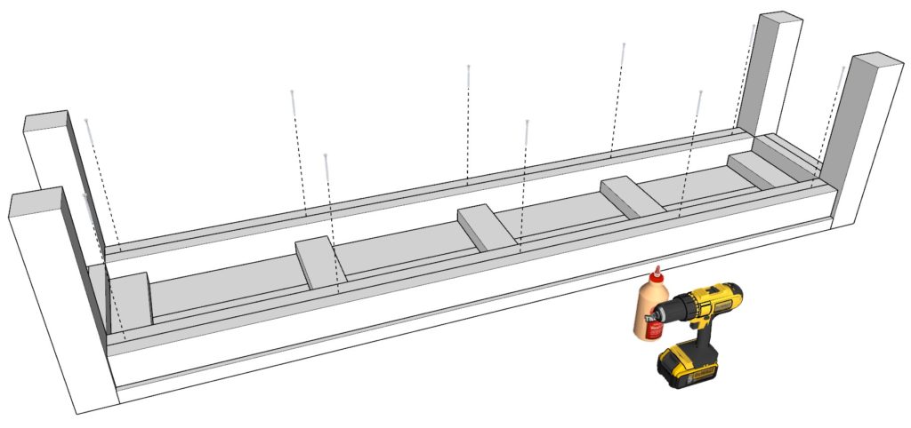 attaching the bench top boards to the bench frame