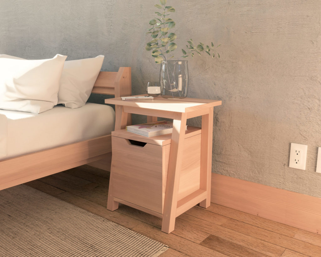 Wooden DIY nightstand with a pull-out drawer and additional shelf, showcasing a sleek design and convenient storage options, perfect for hiding charging cords.