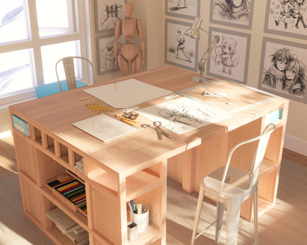 Counter Height Craft Table with multiple storage cubbies, built-in outlets, and a spacious work surface, designed for versatile crafting activities.