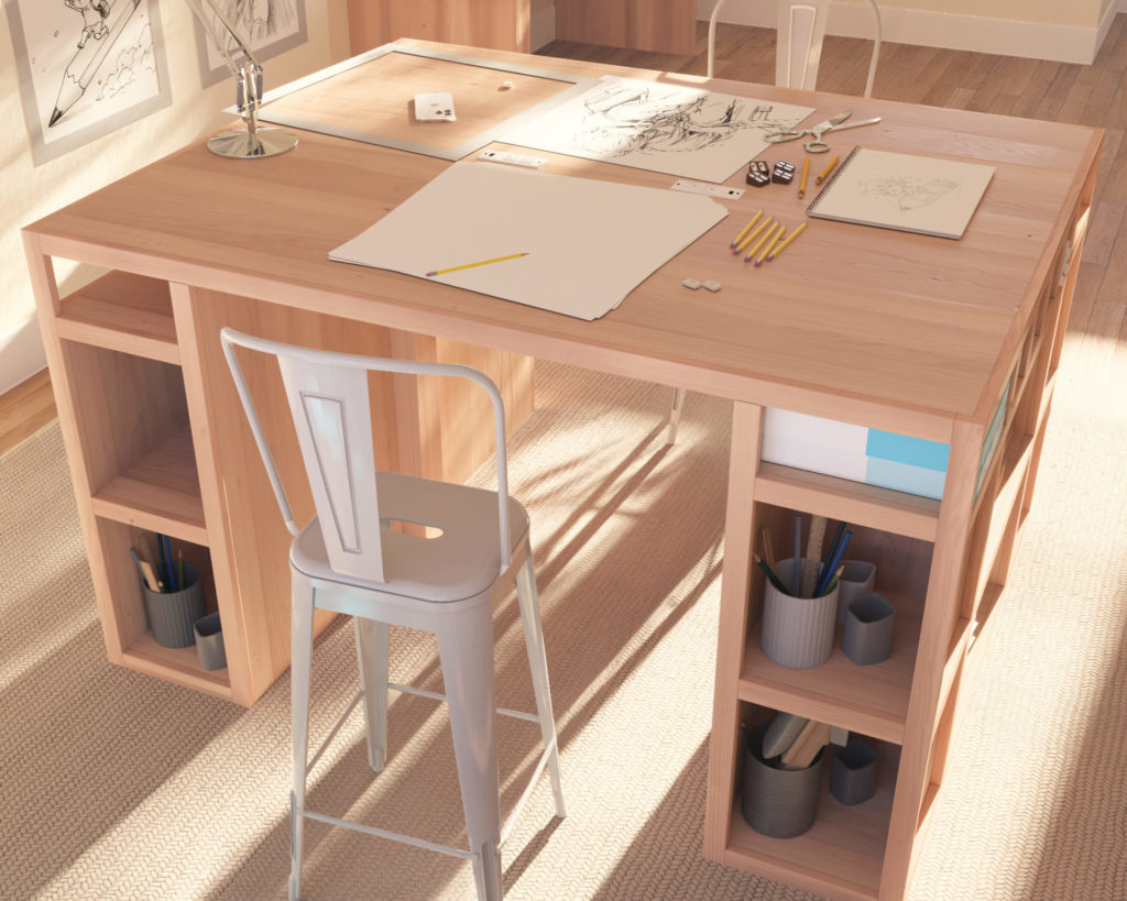 Counter Height Craft Table with multiple storage cubbies, built-in outlets, and a spacious work surface, designed for versatile crafting activities.