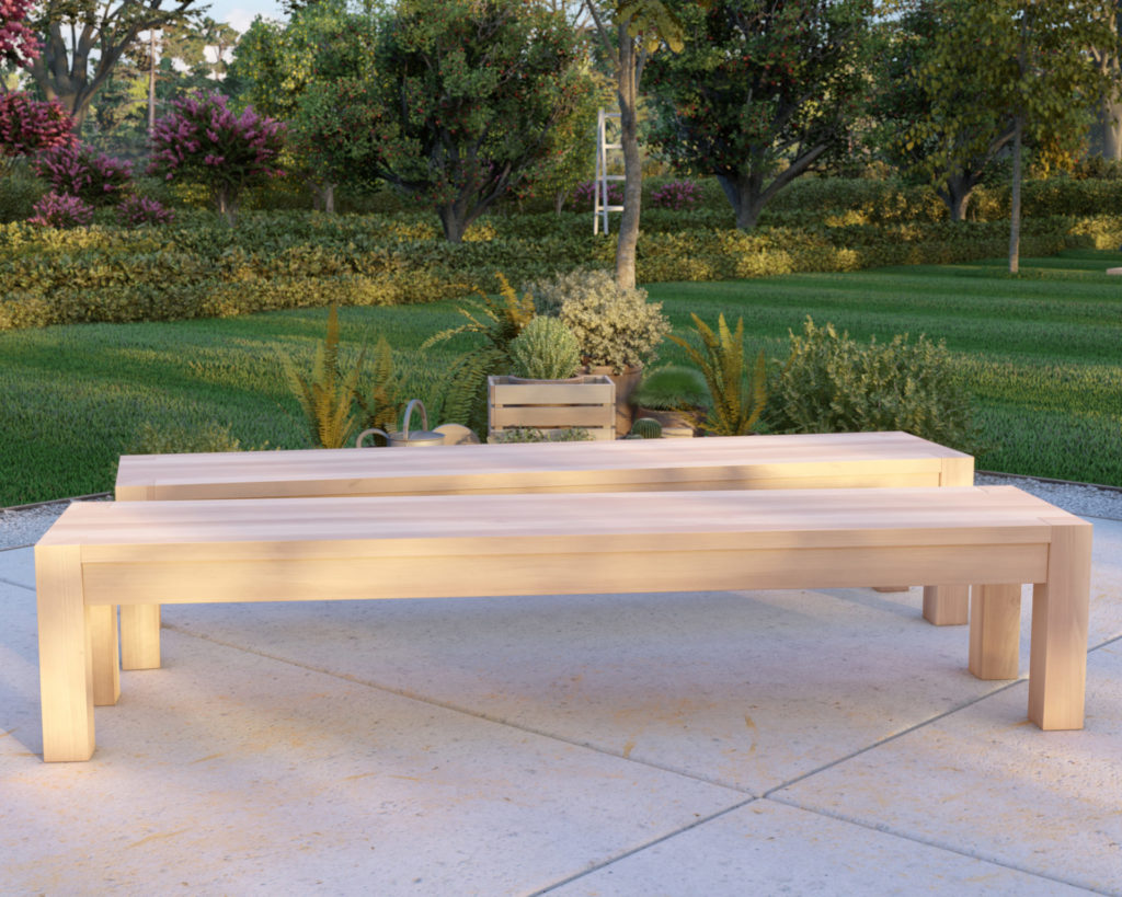 A sturdy and modern wooden bench made from affordable 4x4, 2x10, and 2x4 lumber, perfect for beginners.