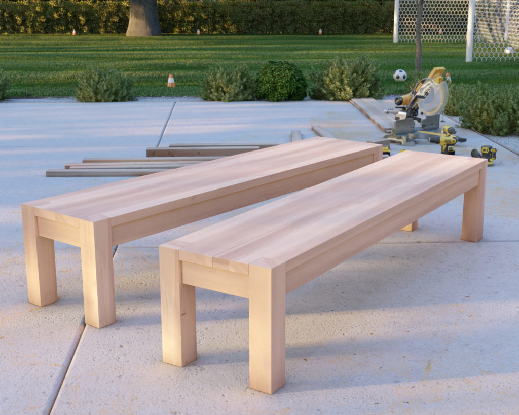 A sturdy and modern wooden bench made from affordable 4x4, 2x10, and 2x4 lumber, perfect for beginners.