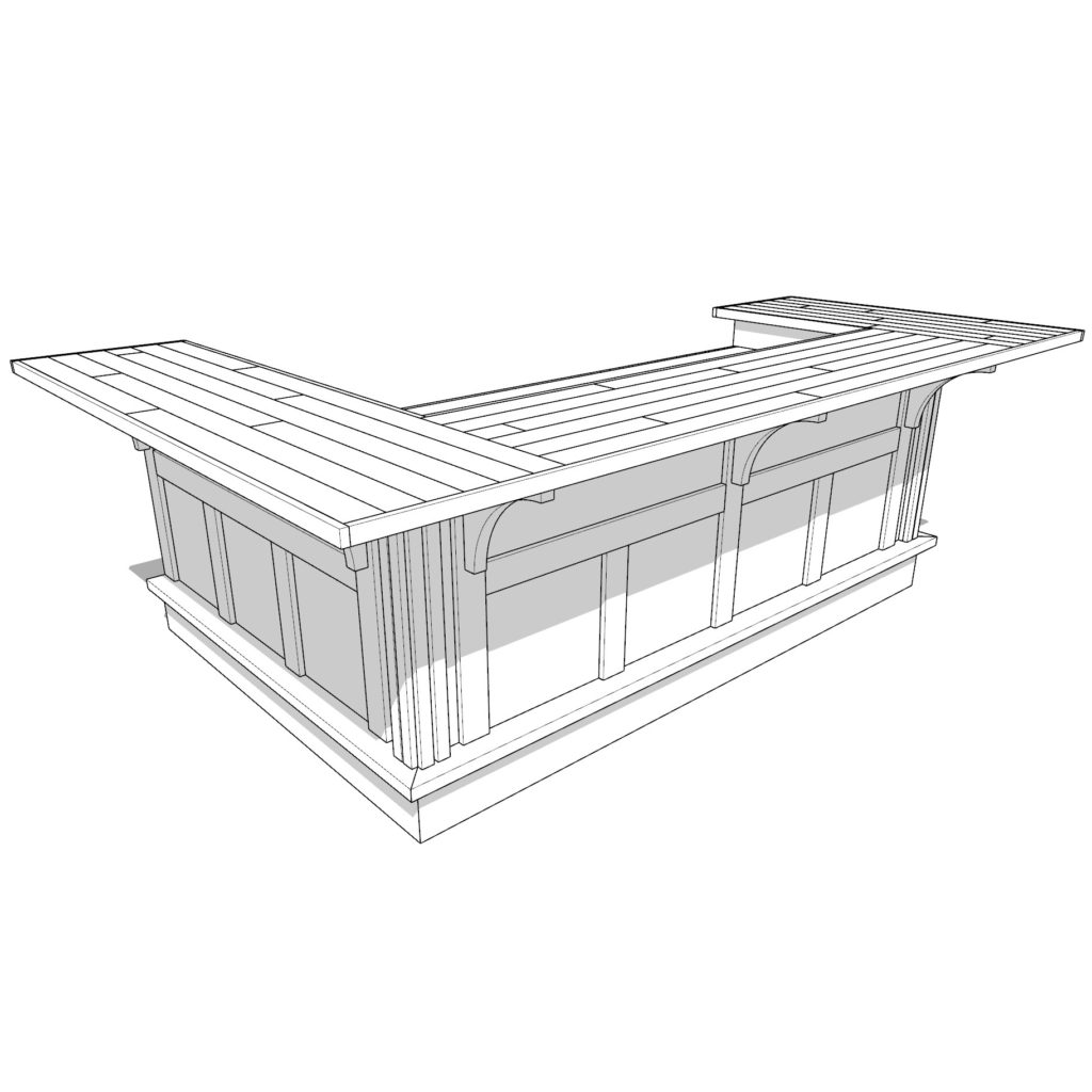 3D line drawing of a U-shaped wooden bar with shelving.