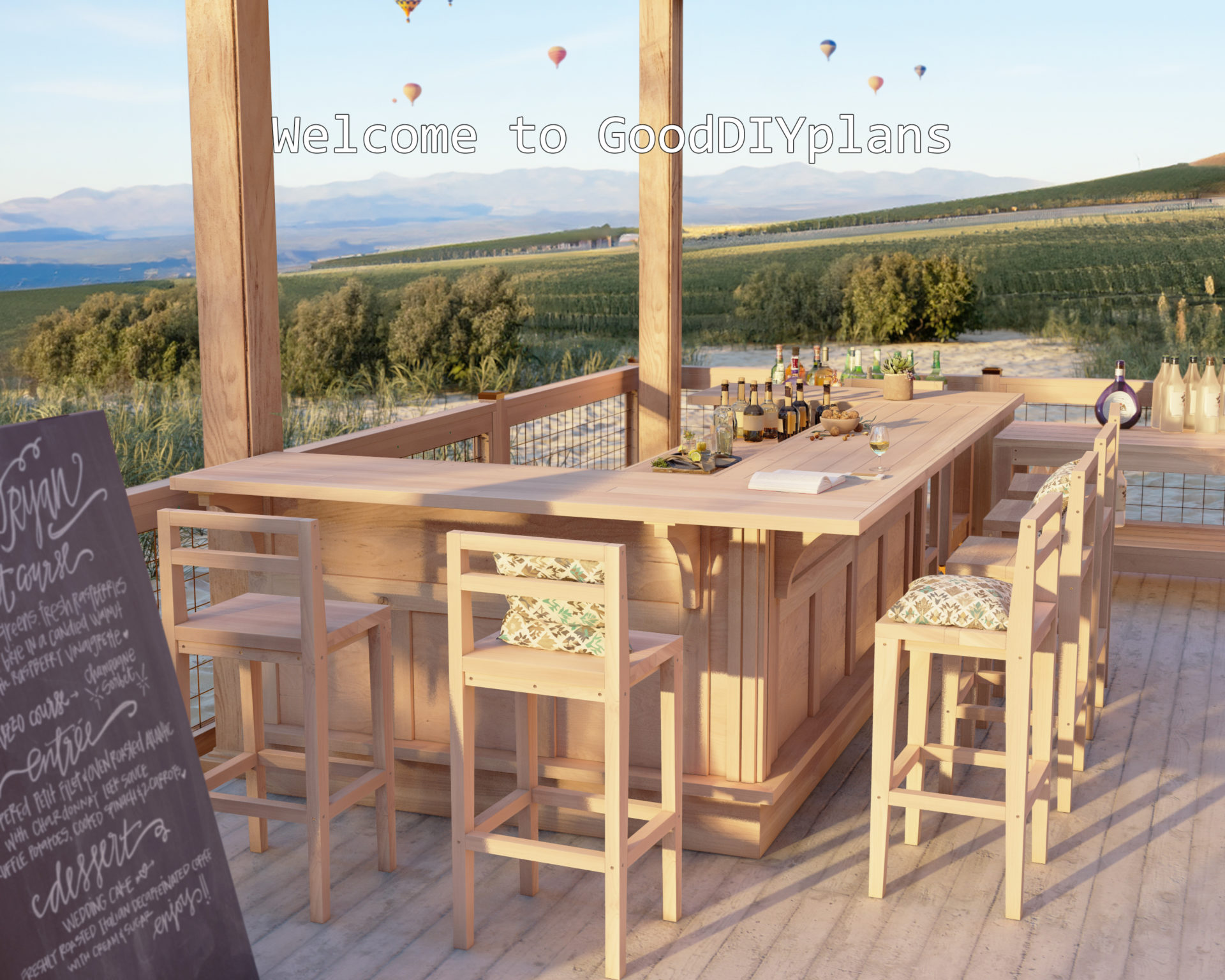 Outdoor bar set with a view of Napa Valley vineyards and distant hot air balloons.