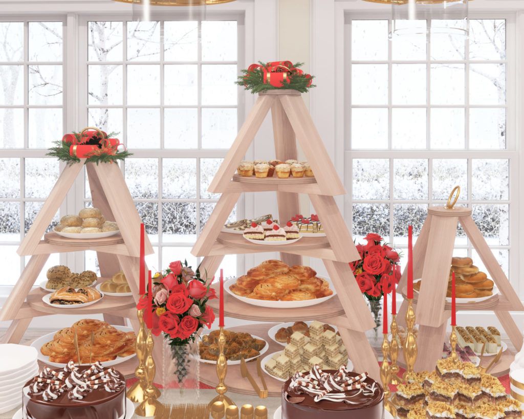 Christmas-themed tiered wooden stands displaying an assortment of festive treats, with a snowy window backdrop.