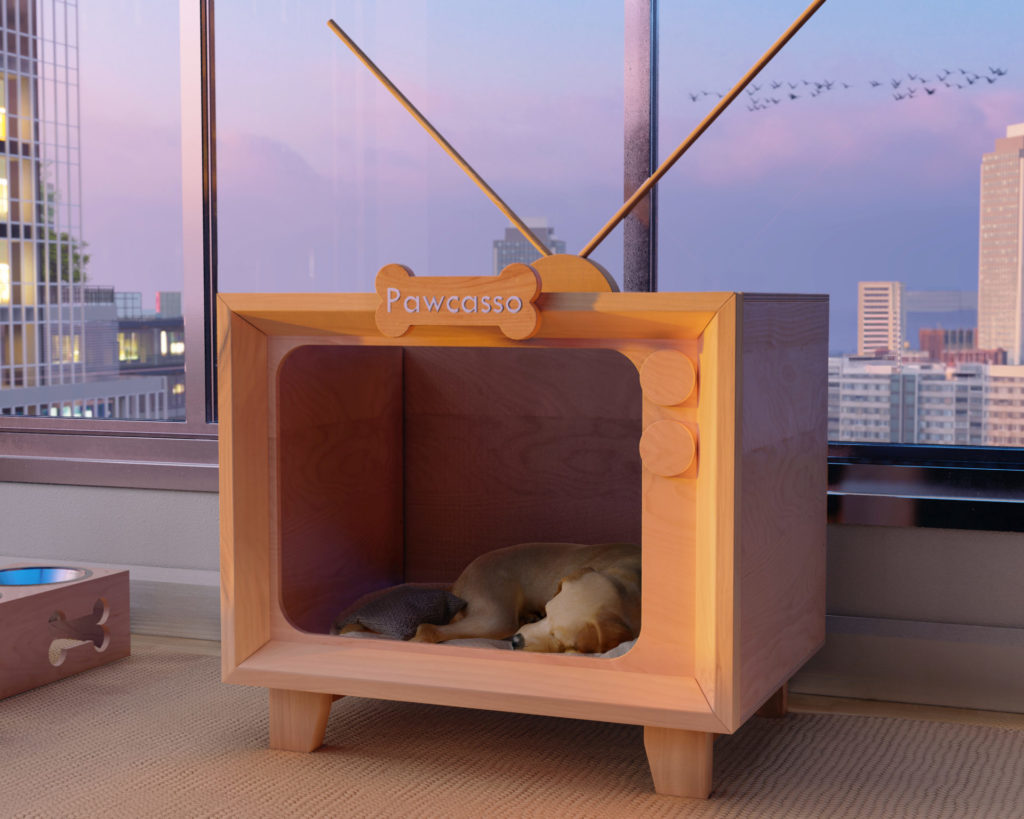 A cozy, modern DIY wooden doghouse styled like a vintage TV with 'Pawcasso' engraved bone decoration, featuring a sleeping dog.