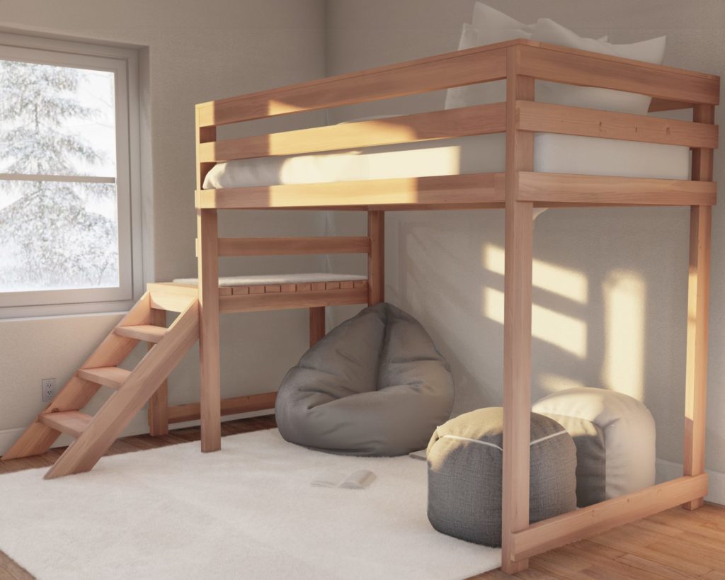 DIY Twin-Size Wooden Loft Bed in a Sunlit Room with Bean Bags and Books