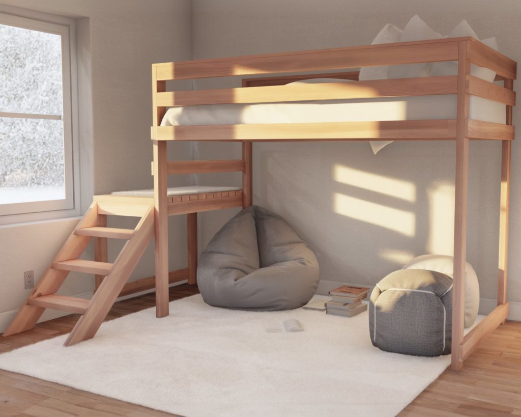 DIY Twin-Size Wooden Loft Bed in a Sunlit Room with Bean Bags and Books