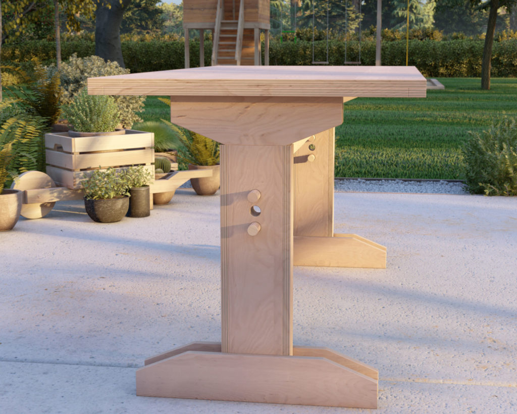 Adjustable wooden standing desk with pegs in a garden setting.
