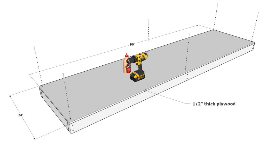 Adding plywood to the garage shelf frame