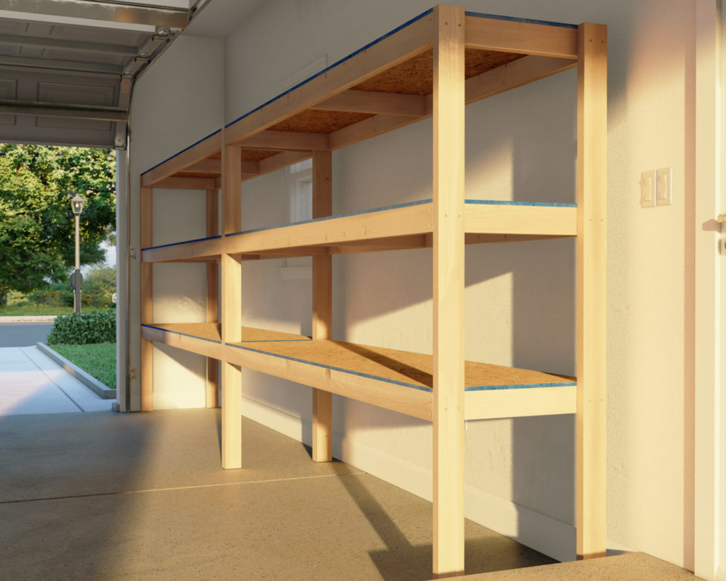 Custom-built wooden garage shelves in a well-lit space, showcasing the DIY woodworking project.