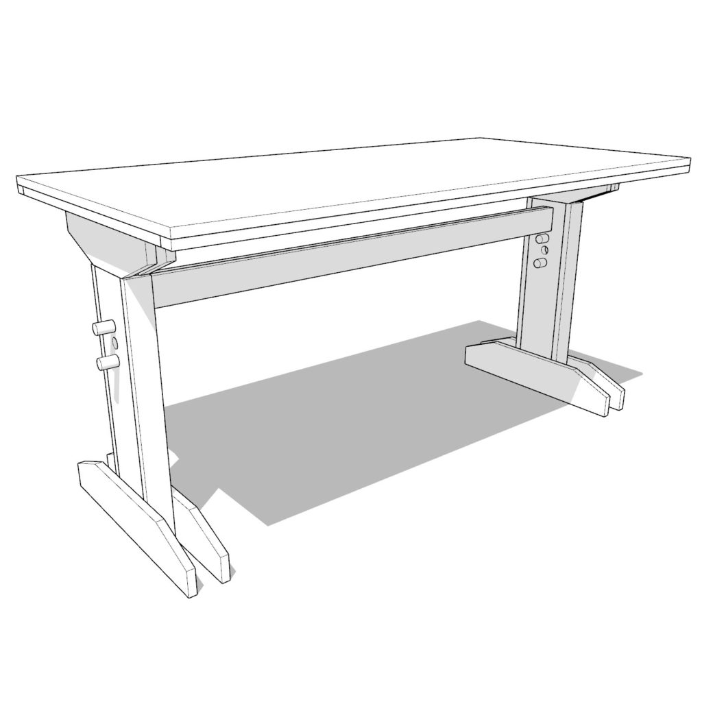 Sketch of a DIY plywood sit/stand desk with adjustable height and a single dowel for support.