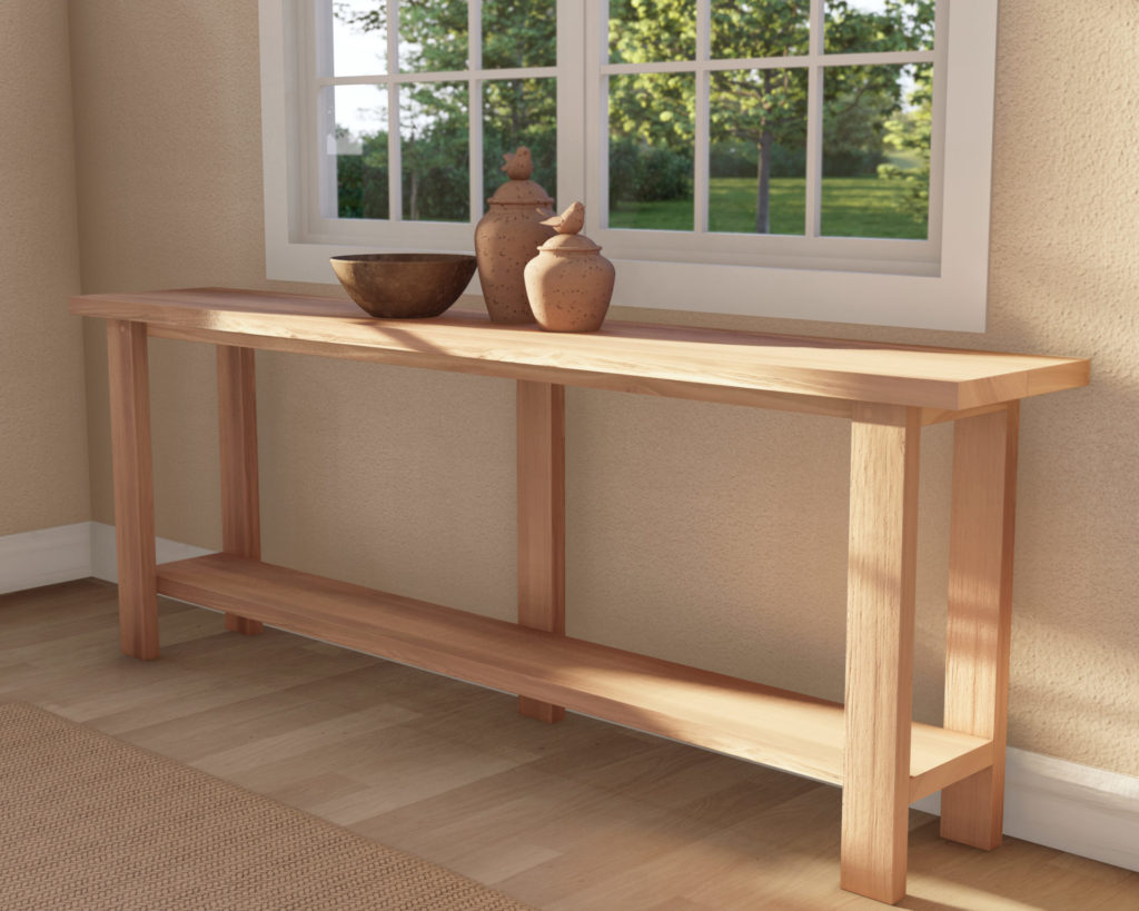 Assemble a minimalist Reed Grand Console Table with a natural wood finish and decorative vases.