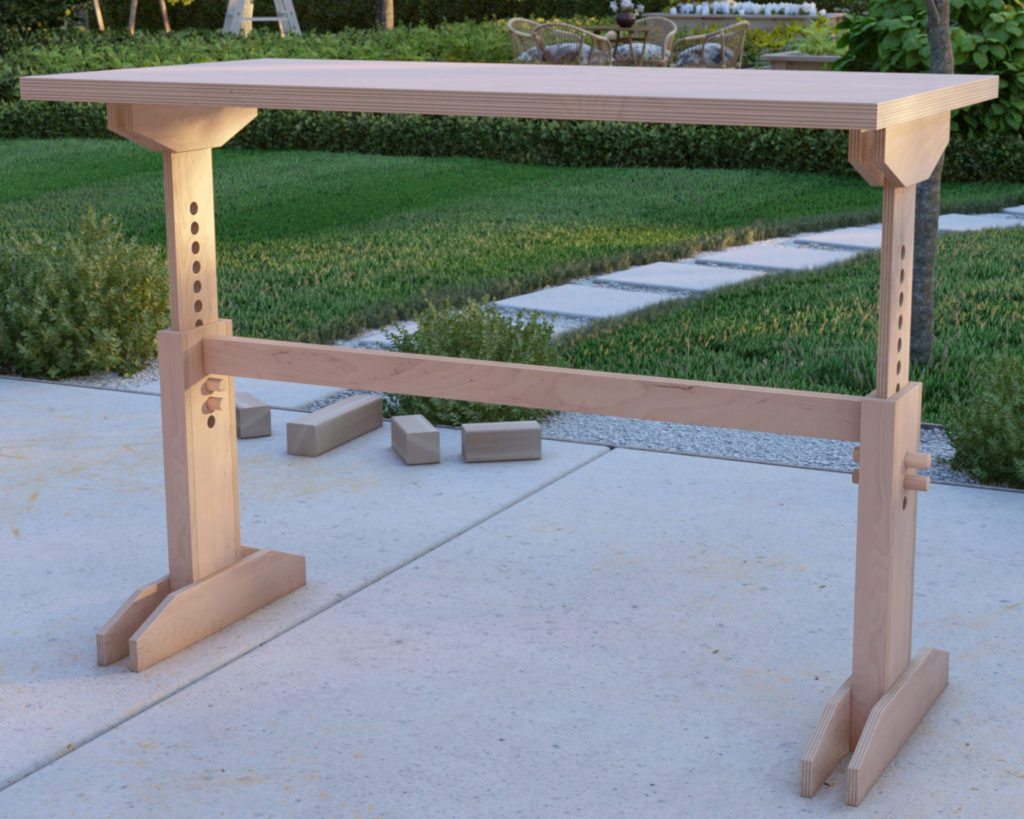 Adjustable wooden standing desk with pegs in a garden setting.