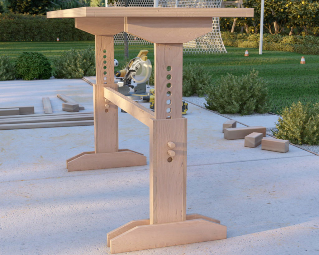 Adjustable wooden standing desk with pegs in a garden setting.