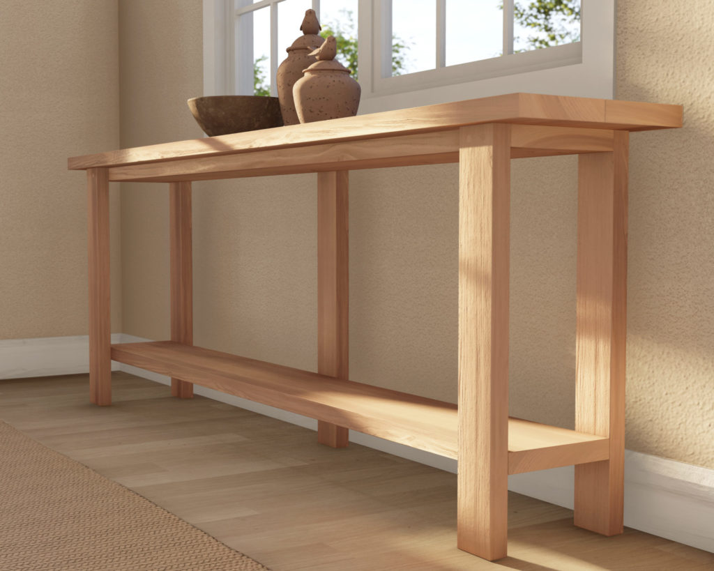 Assemble a minimalist Reed Grand Console Table with a natural wood finish and decorative vases.