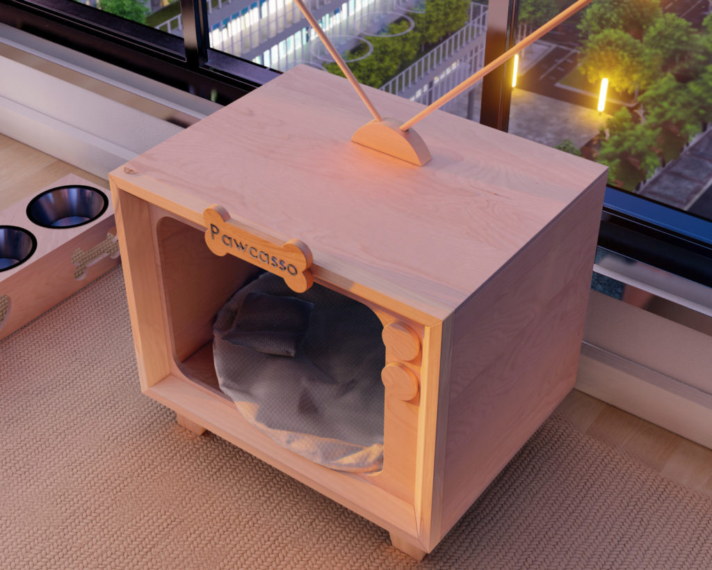 A cozy, modern DIY wooden doghouse styled like a vintage TV with 'Pawcasso' engraved bone decoration, featuring a sleeping dog.