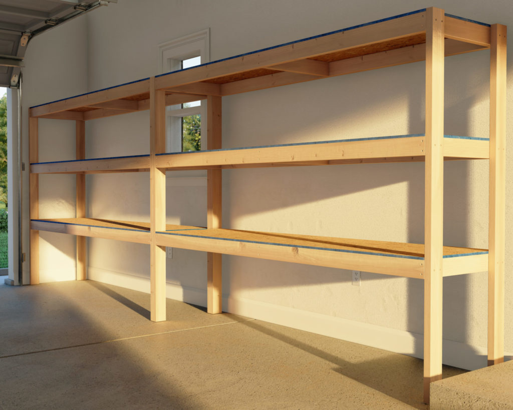 Custom-built wooden garage shelves in a well-lit space, showcasing the DIY woodworking project.