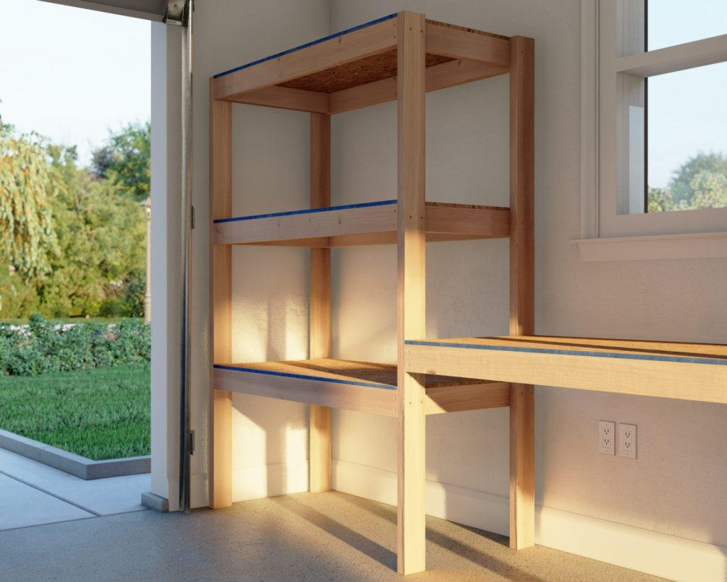 DIY wooden garage shelves with integrated workbench in sunlit garage