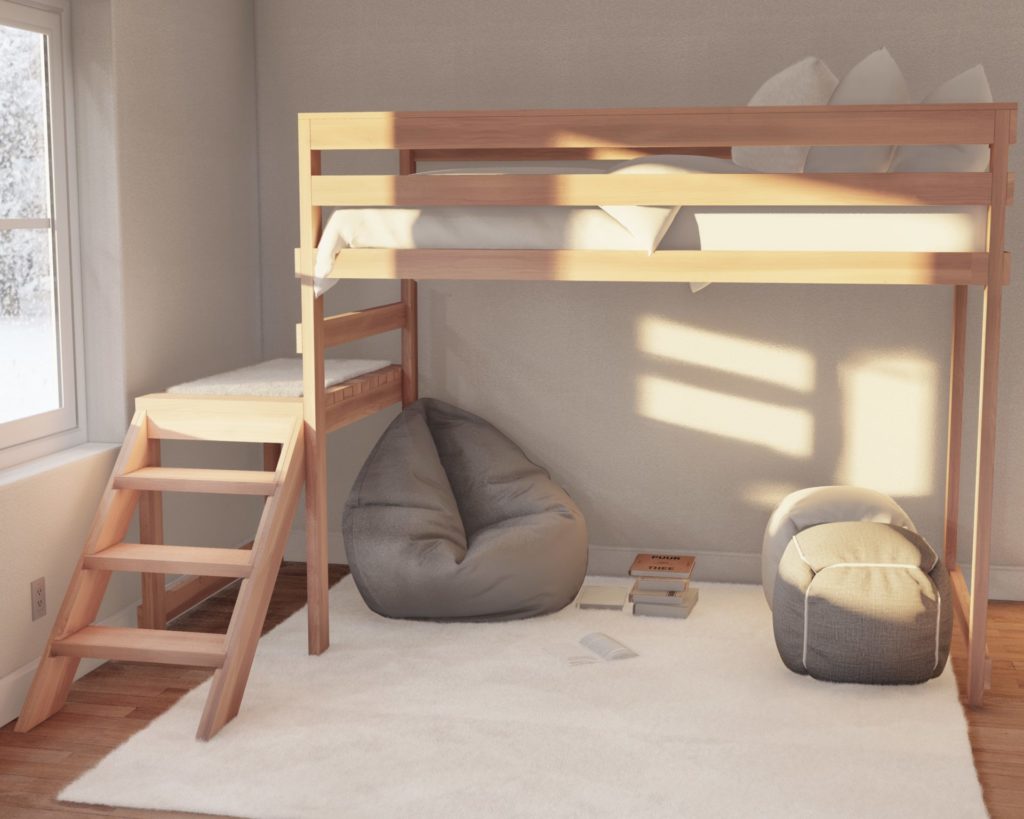 DIY Twin-Size Wooden Loft Bed in a Sunlit Room with Bean Bags and Books