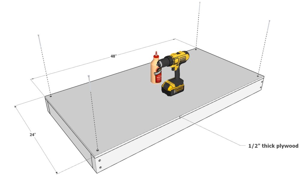 Adding plywood to the garage shelf frame