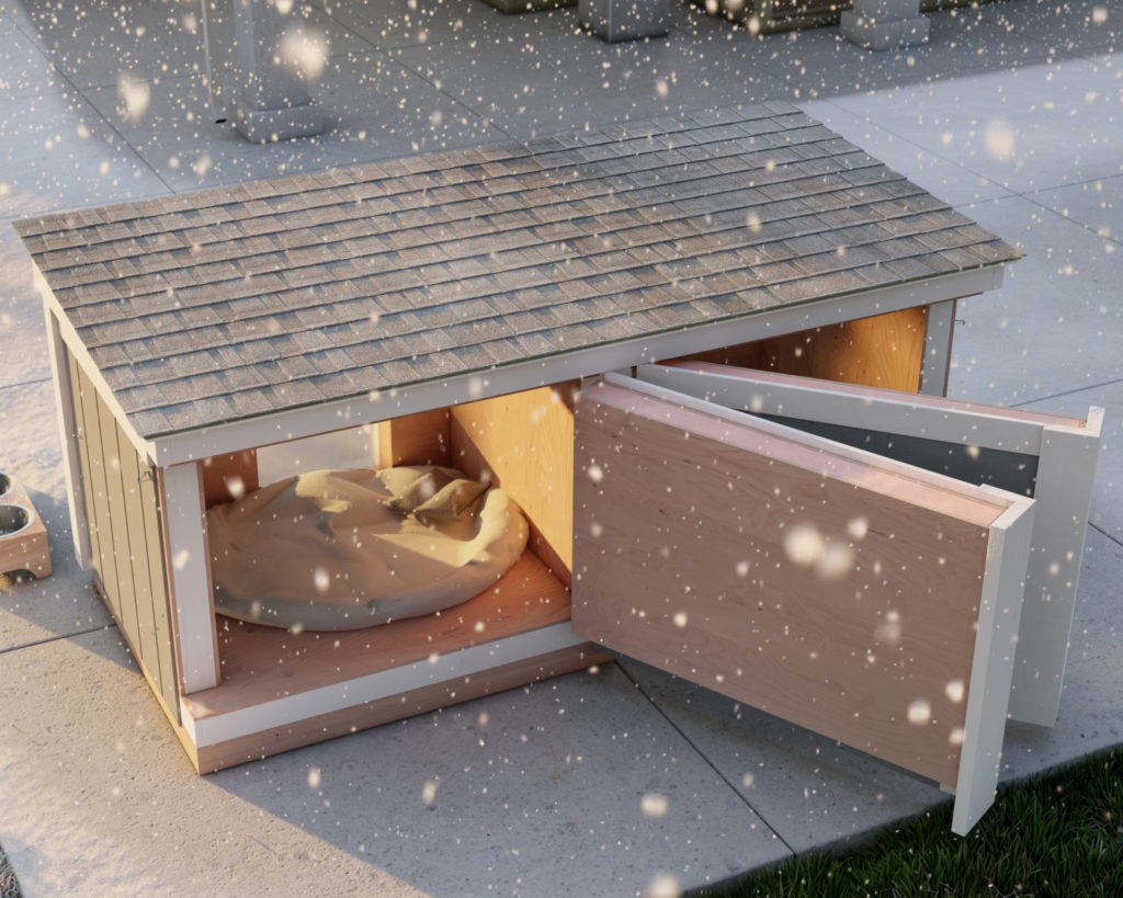 Insulated double dog house with snow-covered roof in a winter landscape.