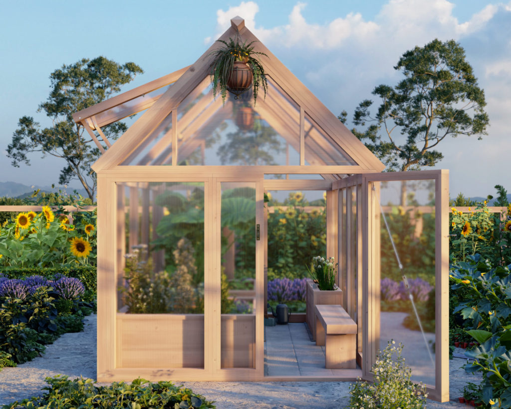 Spacious wooden greenhouse with clear polycarbonate panels, open vent, and lush interior plantings.