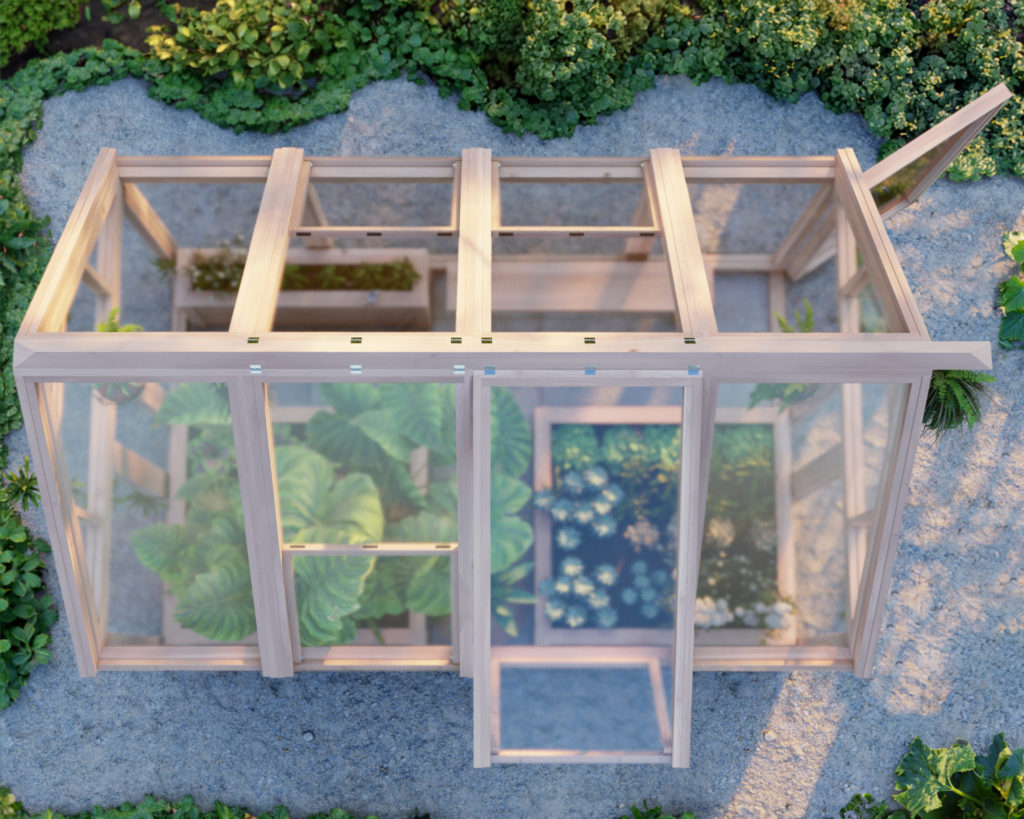 Spacious wooden greenhouse with clear polycarbonate panels, open vent, and lush interior plantings.