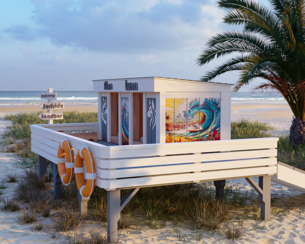 Luxury beachside dog house with vibrant surfboard decoration and lifebuoys.