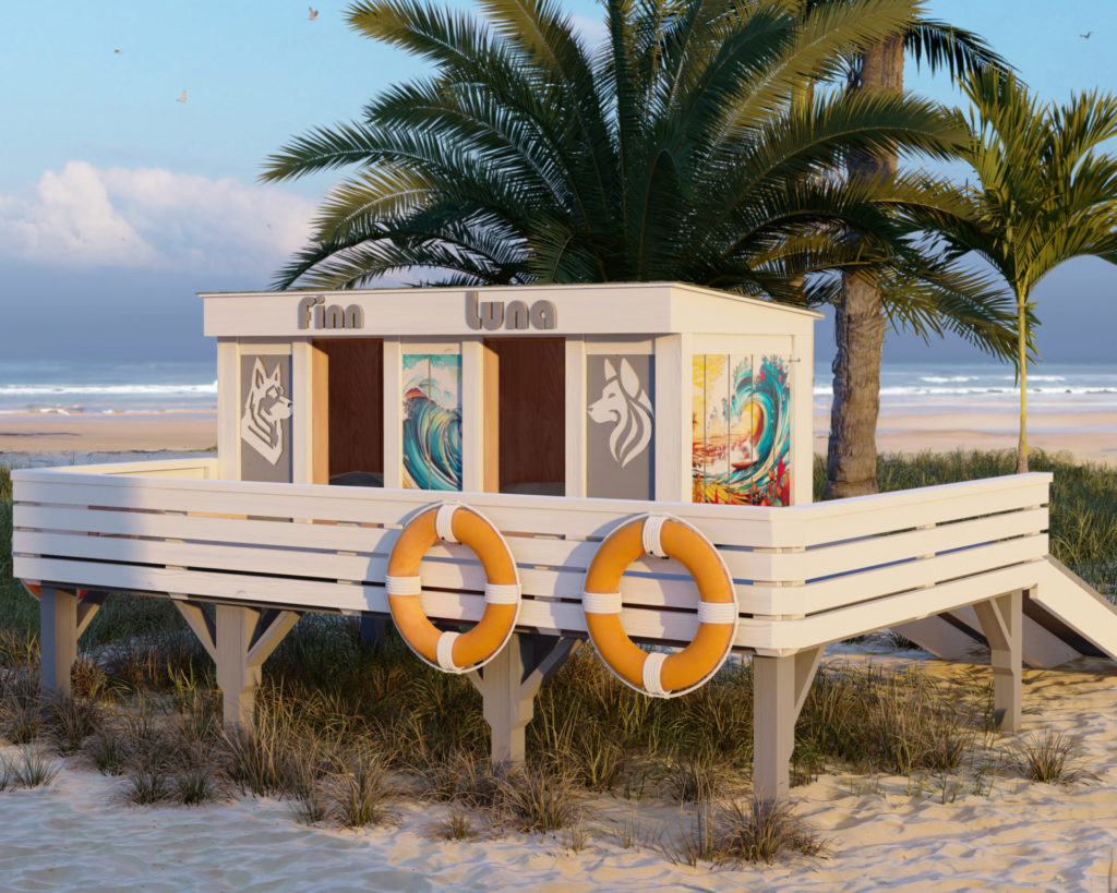 Luxury beachside dog house with vibrant surfboard decoration and lifebuoys.