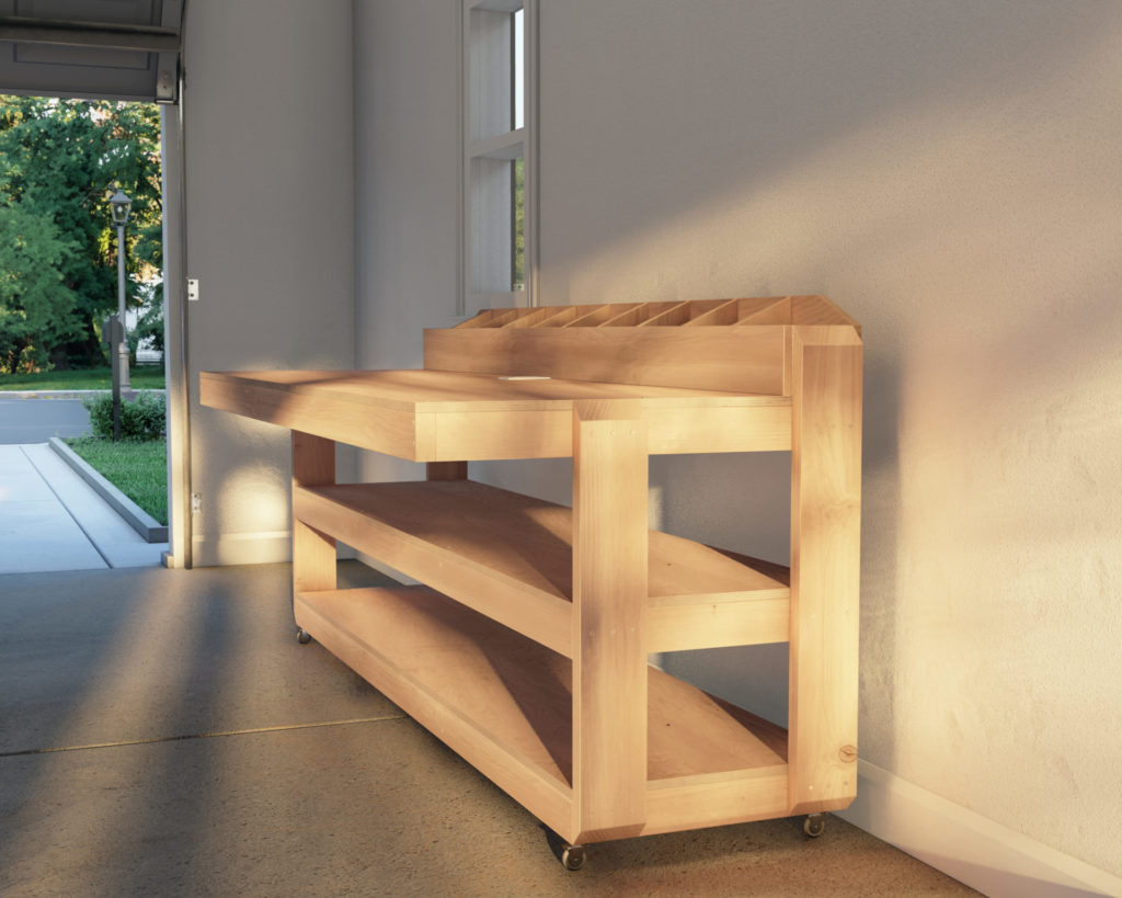Custom-built wooden workbench with storage cubbies in a well-lit garage workshop.