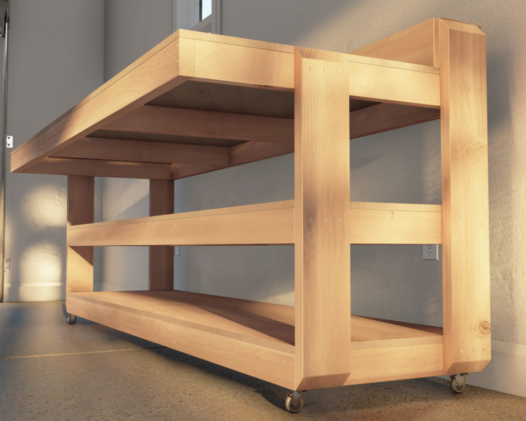 Custom-built wooden workbench with storage cubbies in a well-lit garage workshop.