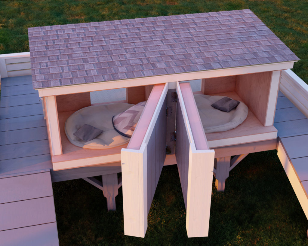 DIY enthusiasts building a spacious double dog house with an elevated deck and personalized name plaques.