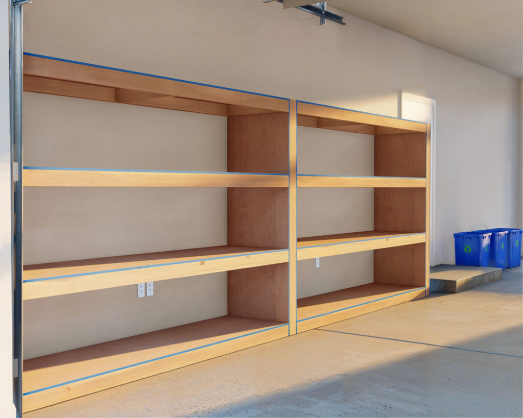 Custom-built wooden garage shelving unit with multiple spacious shelves, showcasing a clean, organized storage solution for tools and supplies.