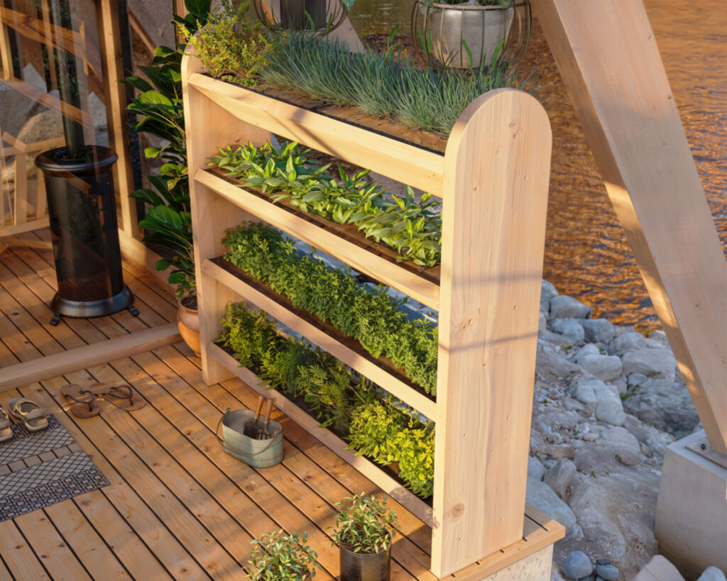 A rustic wooden vertical planter brimming with lush herbs and plants on a serene lakeside deck.