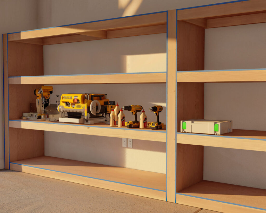 Custom-built wooden garage shelving unit with multiple spacious shelves, showcasing a clean, organized storage solution for tools and supplies.