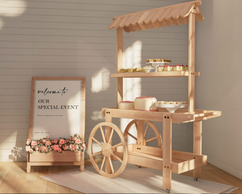 DIY wooden event cart with decorative wheel and canopy, showcasing desserts