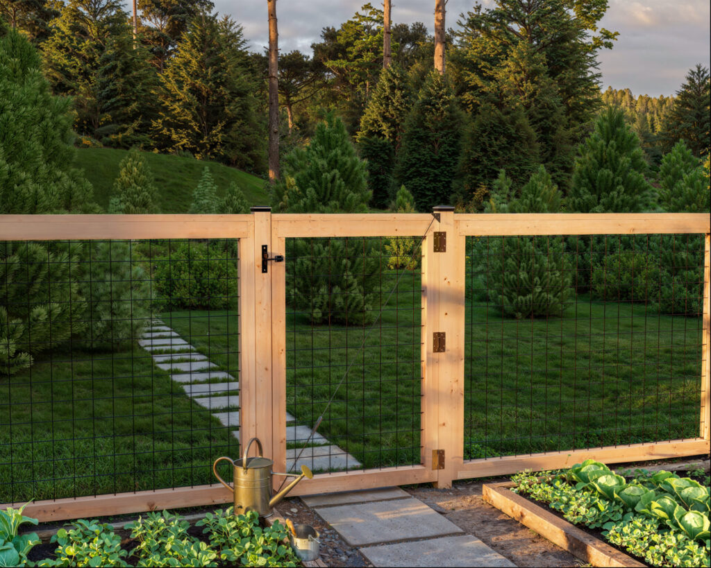 Wooden garden gate with black metal insert, flanked by wooden fence panels amidst lush greenery.