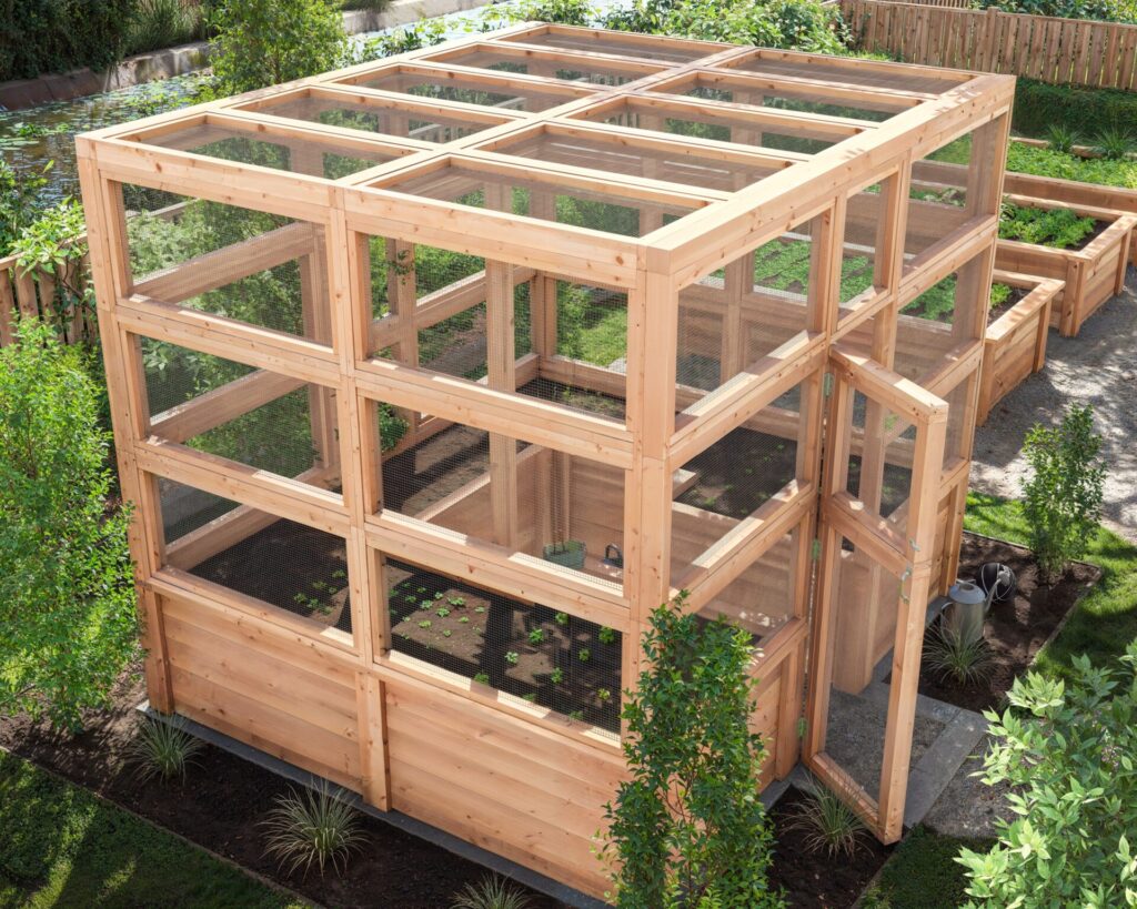 Aerial view of a large DIY garden enclosure with multiple planter boxes, demonstrating a spacious and orderly design for urban gardening.