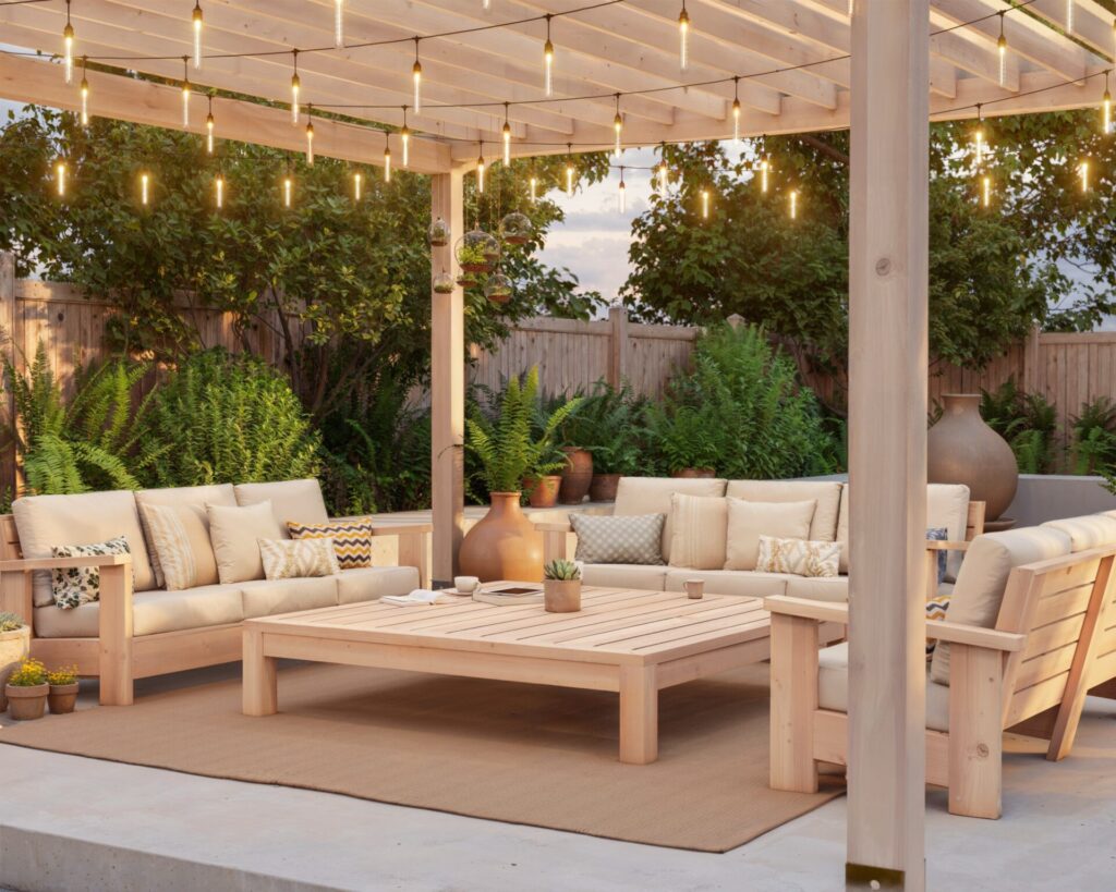 Elegant wooden patio bench with plush beige cushions and a matching low-profile coffee table, set in a cozy backyard with soft lighting and greenery.