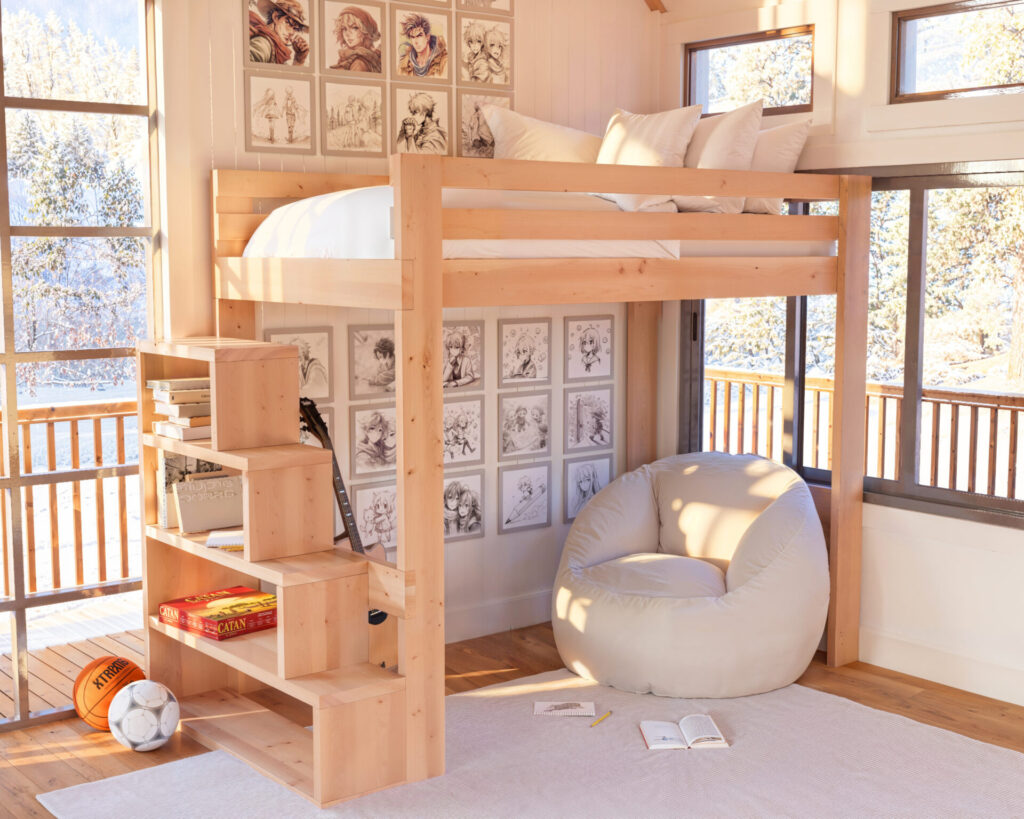 Scenic loft bedroom with twin-size DIY wooden loft bed featuring integrated staircase-shelves, a guitar, and a cozy bean bag.
