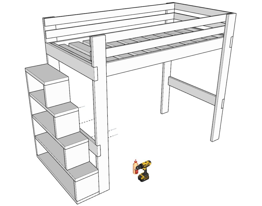Attaching the stairs to the loft bed legs