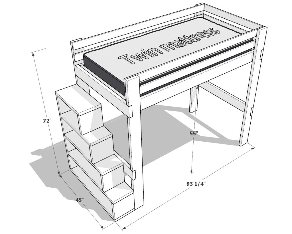 DIY twin loft bed with stairs plan dimensions