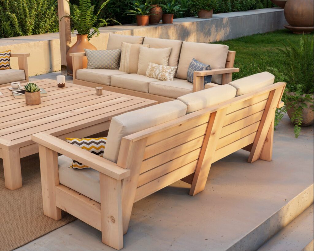 Elegant wooden patio bench with plush beige cushions and a matching low-profile coffee table, set in a cozy backyard with soft lighting and greenery.