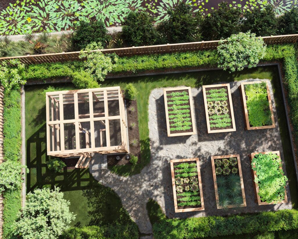 Aerial view of a large DIY garden enclosure with multiple planter boxes, demonstrating a spacious and orderly design for urban gardening.