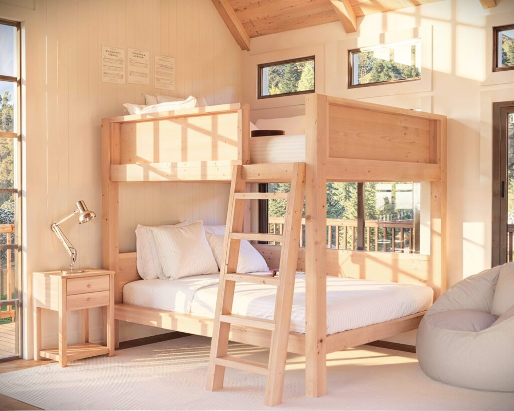 Spacious and well-lit room featuring a full over full wooden bunk bed with a simple, sturdy ladder.