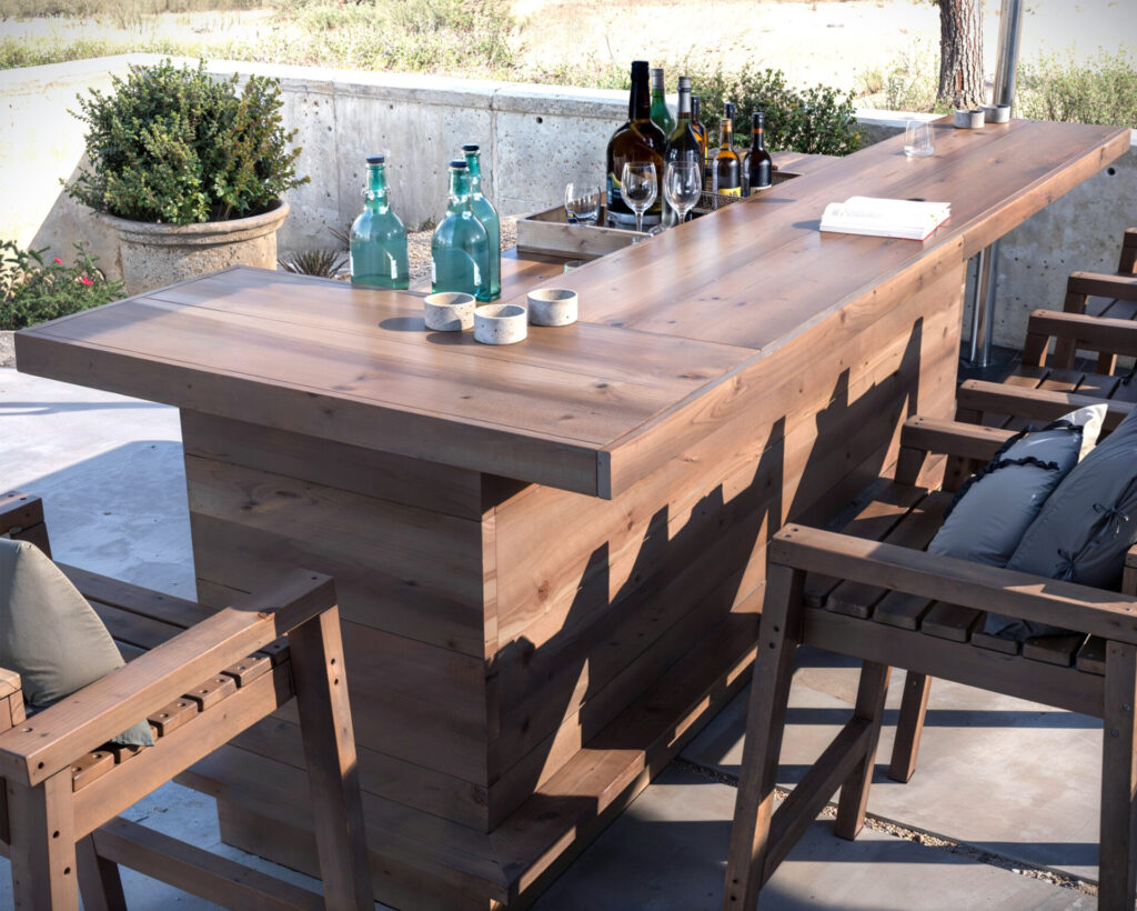 DIY L-shaped outdoor home bar made from common dimensional lumber, featuring a serving counter, adjustable shelf, and seating for four.