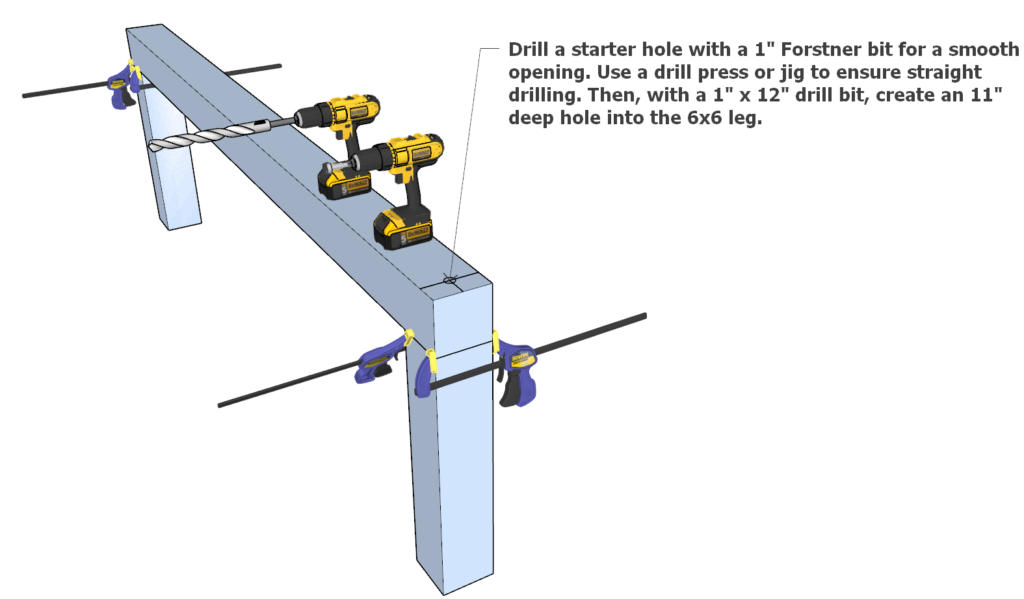 Drilling dowel holes in the table beams